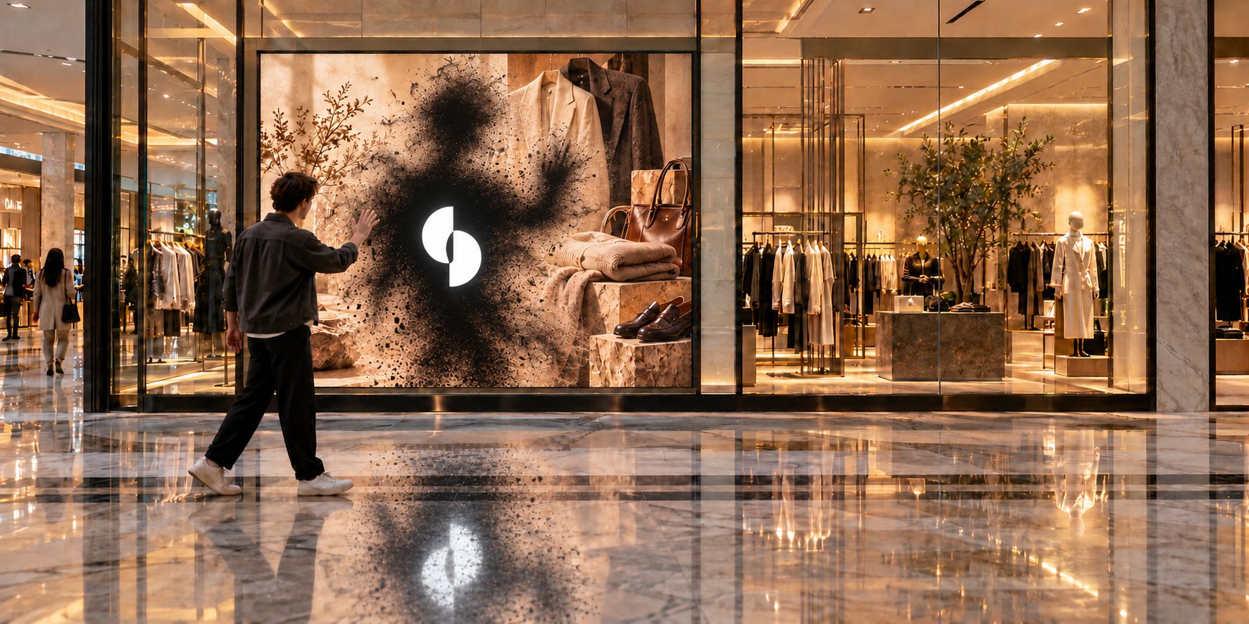 Visitor waving at an interactive storefront screen