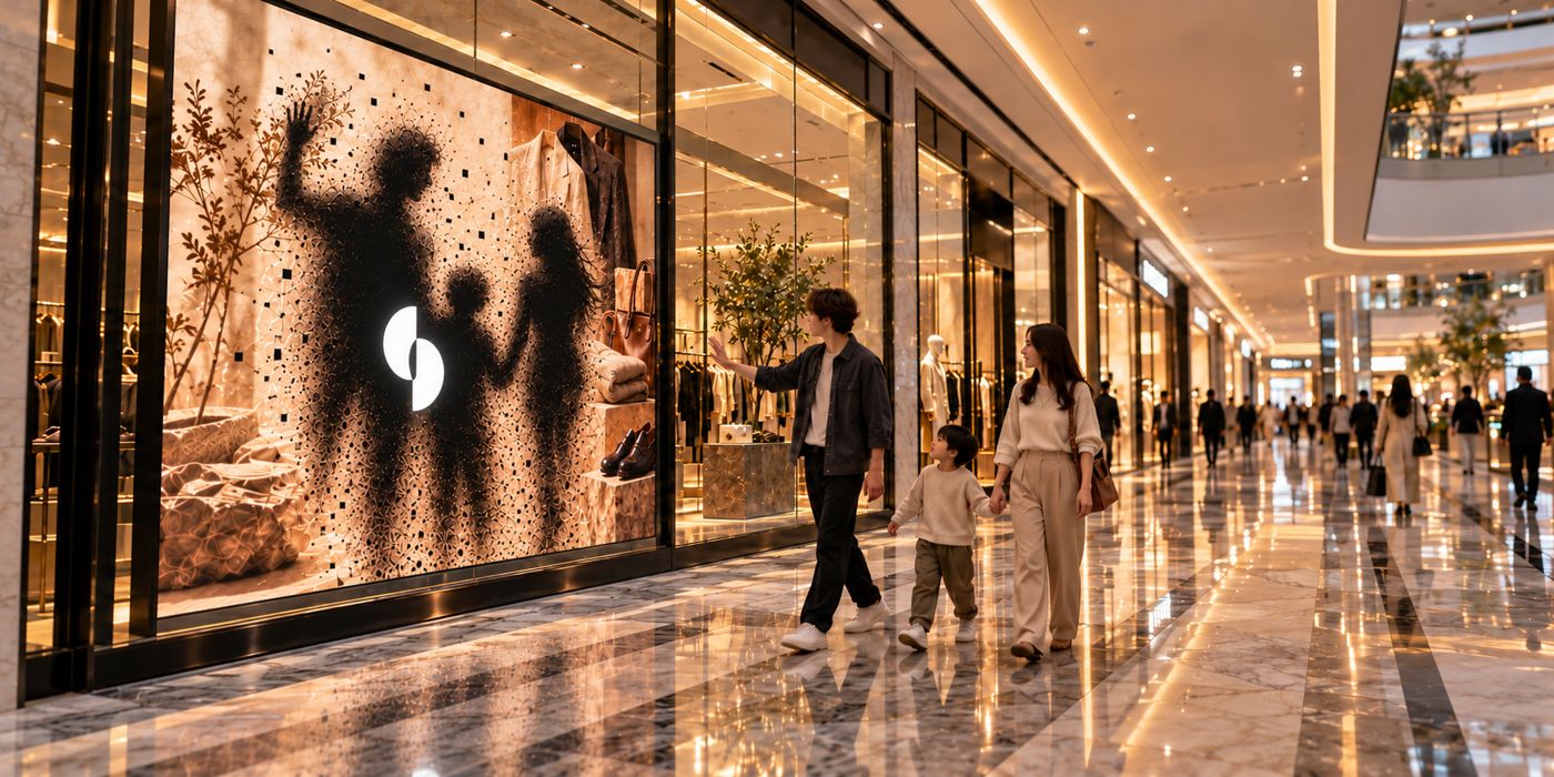 Family walking past the screen in a mall